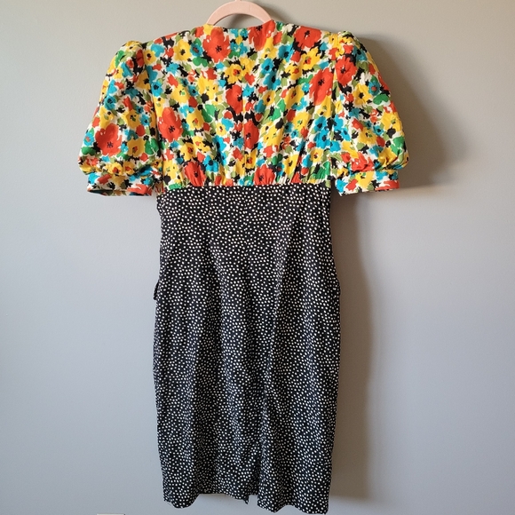 1980s floral silk cocktail dress puff shoulders dress with contrast skirt - Picture 9 of 16